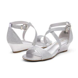 DREAM PAIRS Open Toe Low Heel Wedge Sandals Silver Pump Dressy WIDE